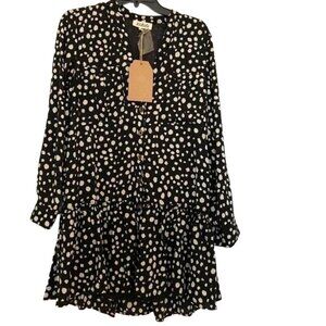 Listicle Polka Dot Ruffle Hem Mini Dress*Button Down*34" Long *Black * XS* NWT
